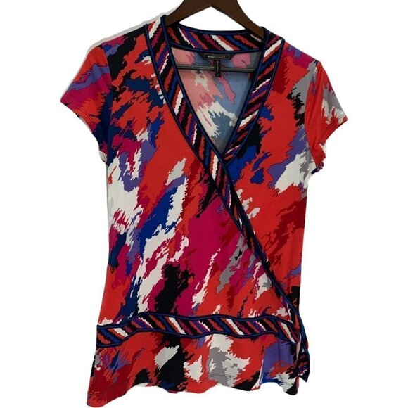 BCBGMAXAZRIA Colourful Faux Wrap Short Sleeve Top Size M - Picture 3 of 8